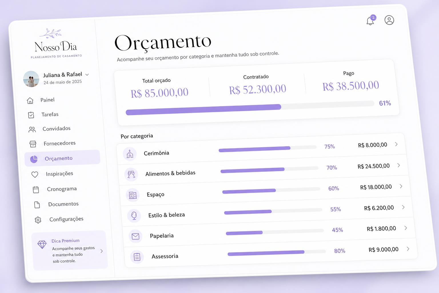 Preview do módulo de orçamento da plataforma Nosso Sim com categorias, valores e progresso.